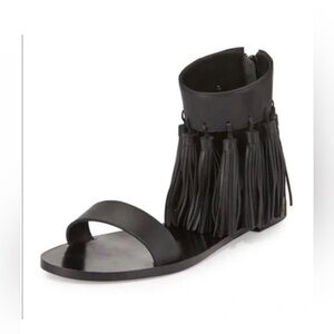 Loeffler Randal Lark Black Leather Fringe Tassels Sandals